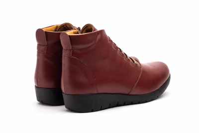 Botín Mujer Piel Burdeos Cordones Elásticos Cremallera Cuña - 6