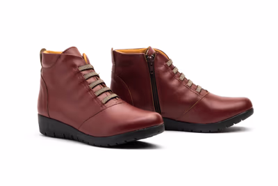 Botín Mujer Piel Burdeos Cordones Elásticos Cremallera Cuña