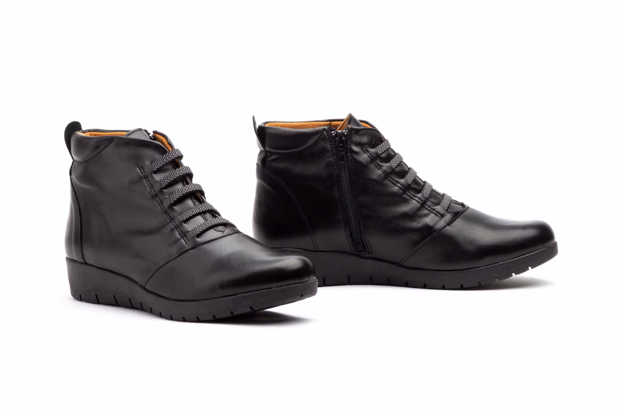 Botín Mujer Piel Negro Cordones Elásticos Cremallera Cuña