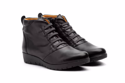 Botín Mujer Piel Negro Cordones Elásticos Cremallera Cuña - 5