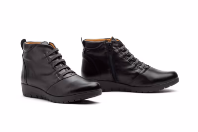 Botín Mujer Piel Negro Cordones Elásticos Cremallera Cuña