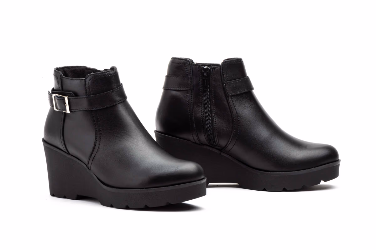 Botín Mujer Piel Negro Hebilla Cremallera Cuña