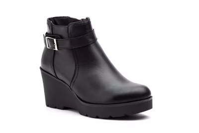 Botín Mujer Piel Negro Hebilla Cremallera Cuña - 2