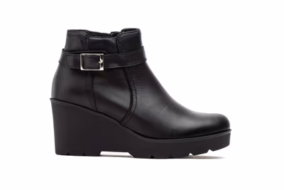 Botín Mujer Piel Negro Hebilla Cremallera Cuña - 3