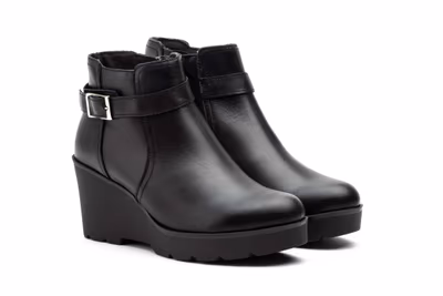 Botín Mujer Piel Negro Hebilla Cremallera Cuña - 5