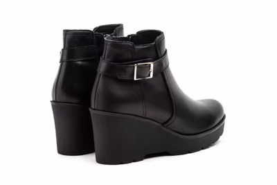 Botín Mujer Piel Negro Hebilla Cremallera Cuña - 7