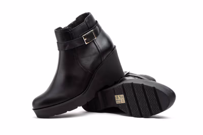 Botín Mujer Piel Negro Hebilla Cremallera Cuña - 8