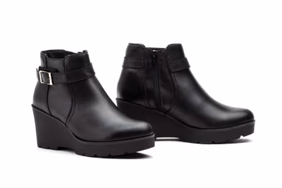 Botín Mujer Piel Negro Hebilla Cremallera Cuña