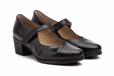 Zapatos Mujer Piel Negro Correa Velcro Tacón - 5