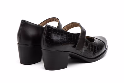 Zapatos Mujer Piel Negro Correa Velcro Tacón - 6