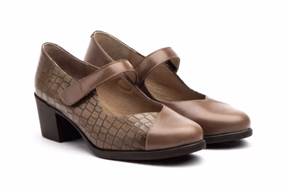 Zapatos Mujer Piel Marrón Correa Velcro Tacón - 4