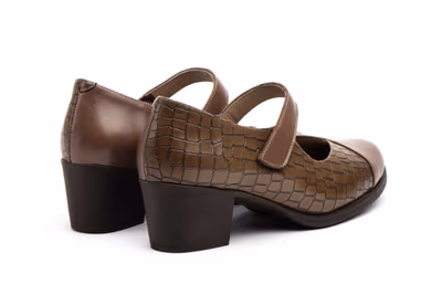 Zapatos Mujer Piel Marrón Correa Velcro Tacón - 5