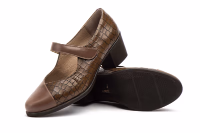 Zapatos Mujer Piel Marrón Correa Velcro Tacón - 6