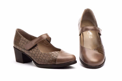 Zapatos Mujer Piel Marrón Correa Velcro Tacón