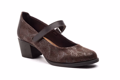 Zapatos Mujer Piel Serraje Marrón Grabada Cierre Velcro Tacón - 2