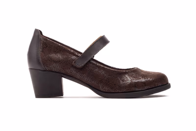 Zapatos Mujer Piel Serraje Marrón Grabada Cierre Velcro Tacón - 3