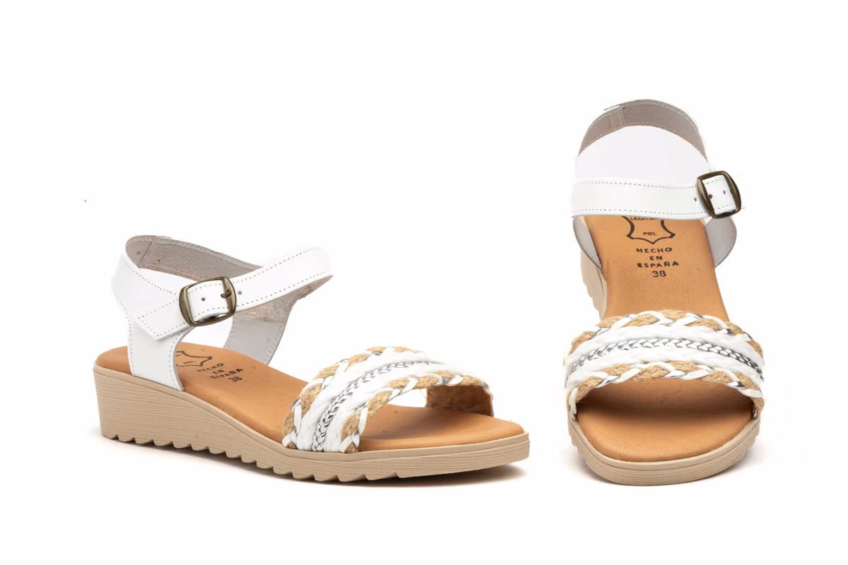 Sandalias Mujer Piel Blanco Hebilla Cuña Baja