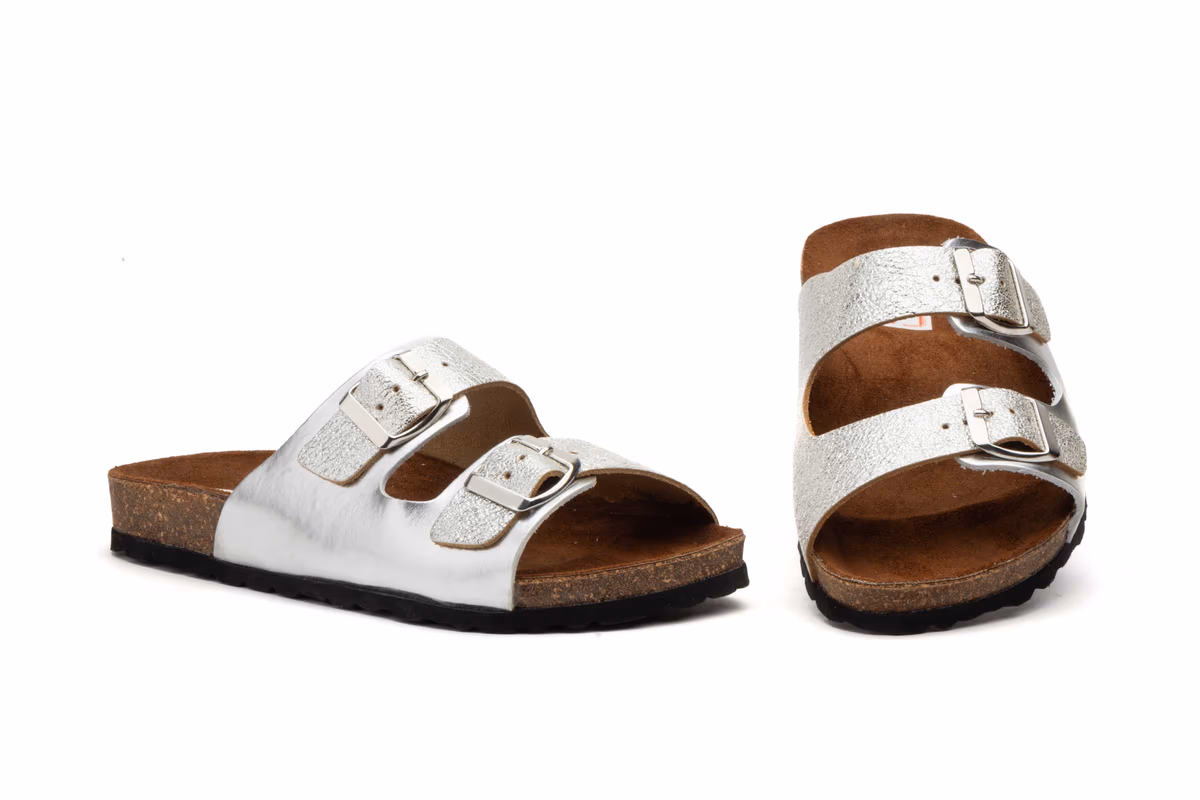 Sandalias Mujer Piel Plata Hebilla