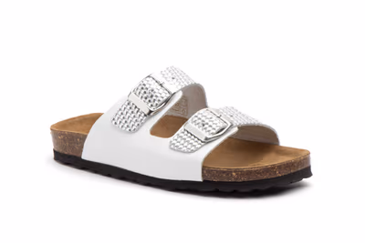 Sandalias Mujer Piel Blanco Plata Hebillas - 2