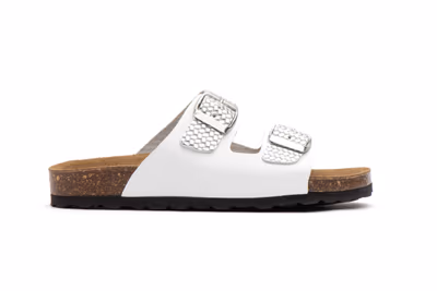 Sandalias Mujer Piel Blanco Plata Hebillas - 3