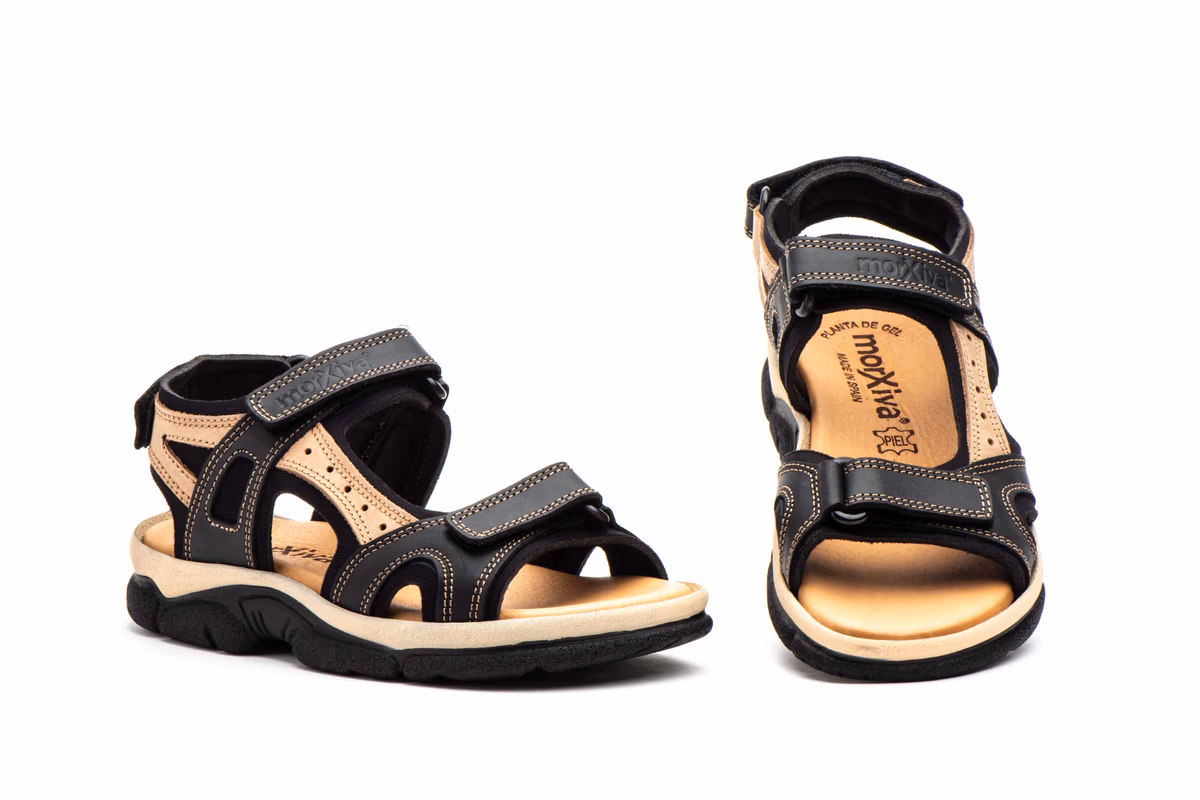 Sandalias Mujer Piel Negro Taupe Velcro