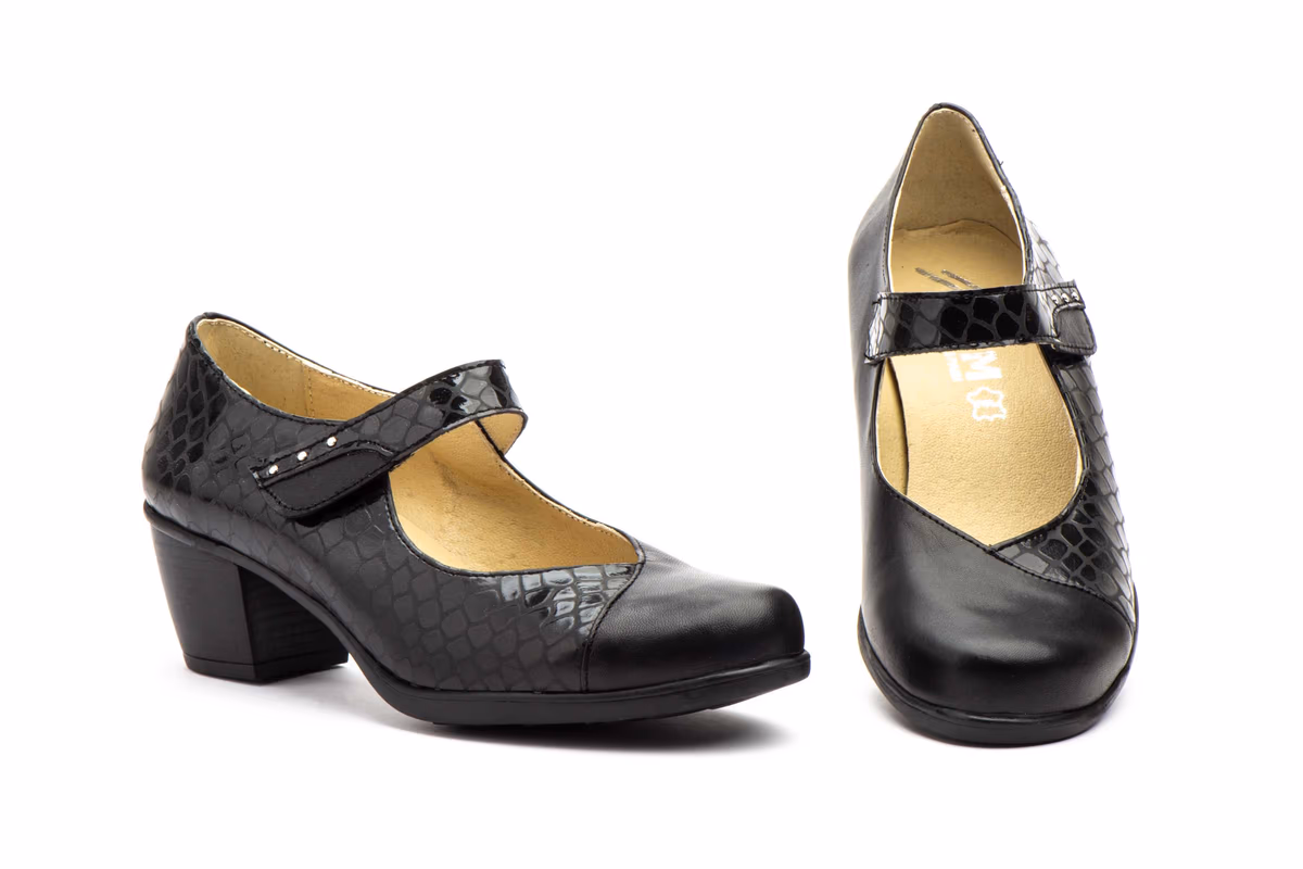 Zapatos Mujer Piel Negro Velcro Tacón