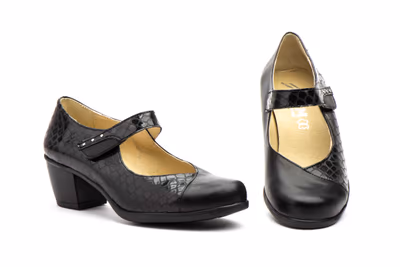 Zapatos Mujer Piel Negro Velcro Tacón