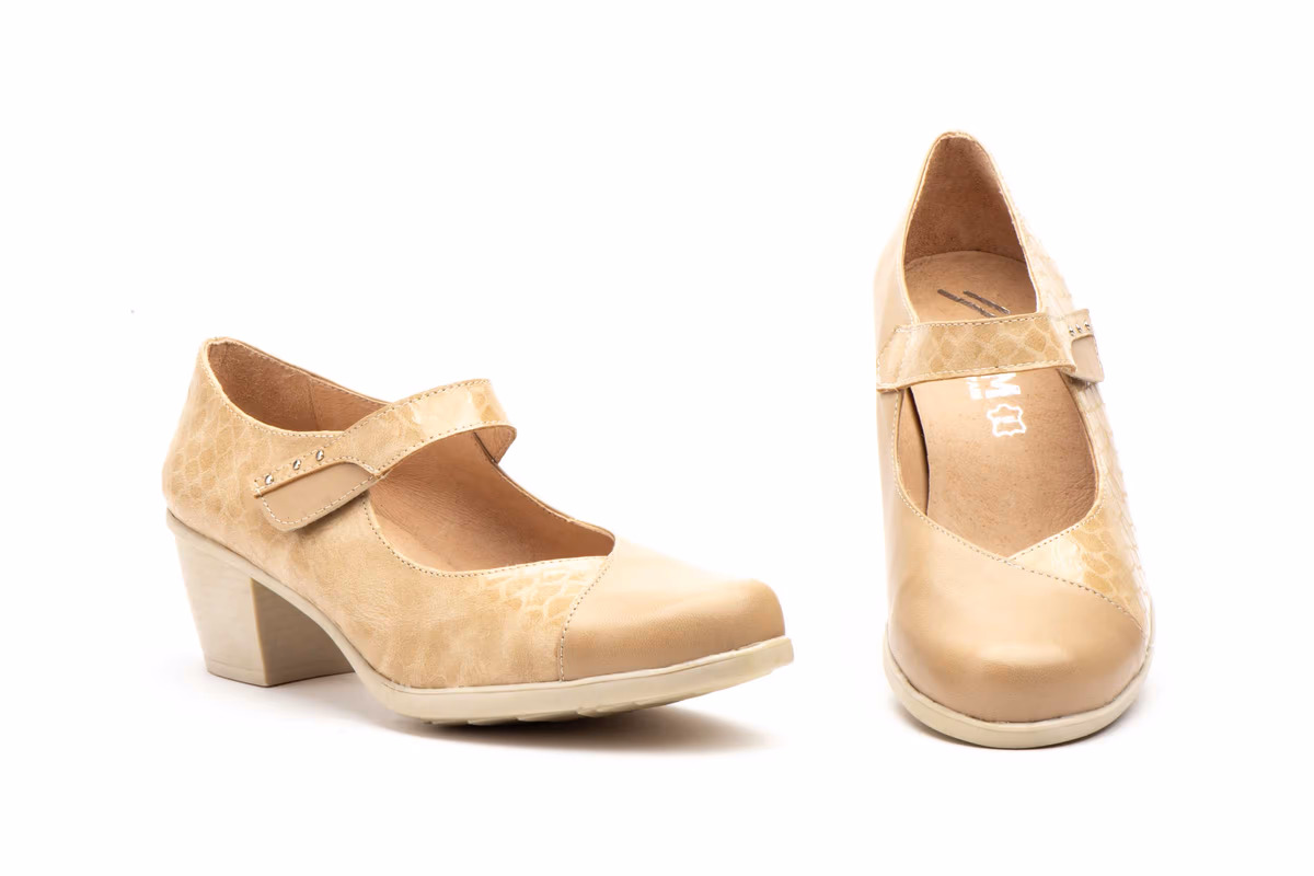 Zapatos Mujer Piel Beige Velcro Tacón