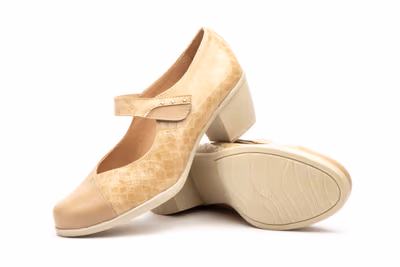 Zapatos Mujer Piel Beige Velcro Tacón - 4