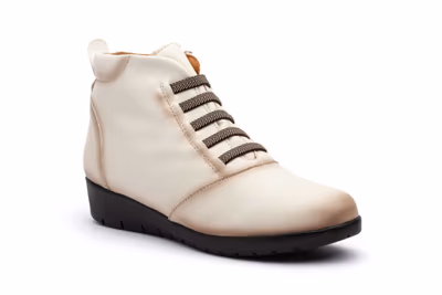 Botín Mujer Piel Beige Cordones Elásticos Cremallera Cuña - 2