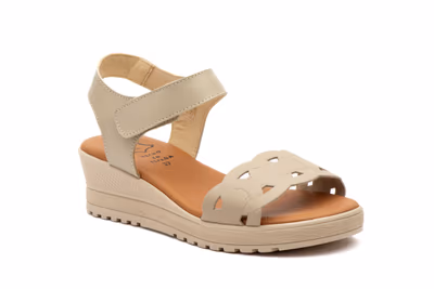 Sandalias Mujer Piel Beige Cuña Velcro - 2