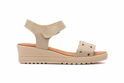 Sandalias Mujer Piel Beige Cuña Velcro - 3