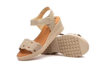 Sandalias Mujer Piel Beige Cuña Velcro - 5