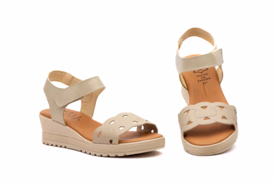 Sandalias Mujer Piel Beige Cuña Velcro