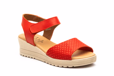 Sandalias Mujer Piel Rojo Velcro Cuña - 2