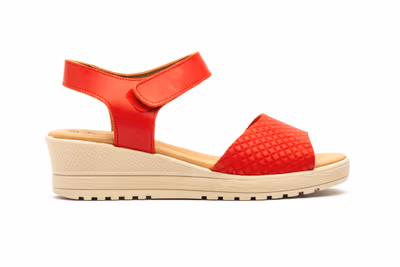 Sandalias Mujer Piel Rojo Velcro Cuña - 3