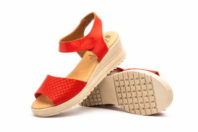 Sandalias Mujer Piel Rojo Velcro Cuña - 5