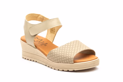 Sandalias Mujer Piel Beige Velcro Cuña - 2