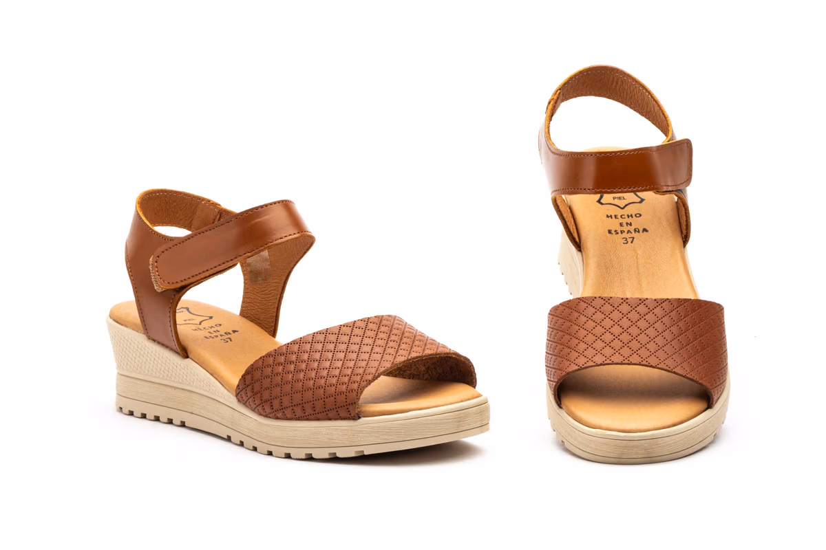 Sandalias Mujer Piel Cuero Velcro Cuña