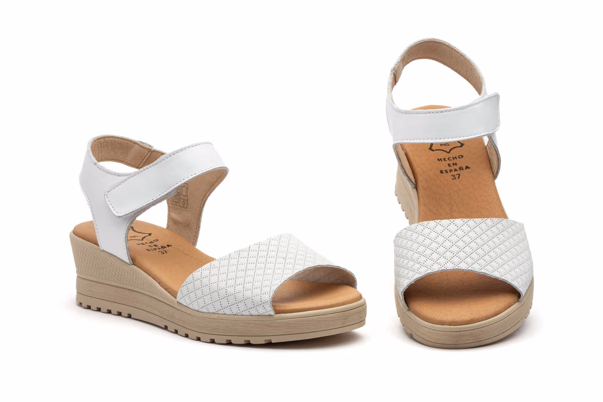 Sandalias Mujer Piel Blanco Velcro Cuña