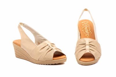 Sandalias Mujer Piel Beige Cuña Elástico
