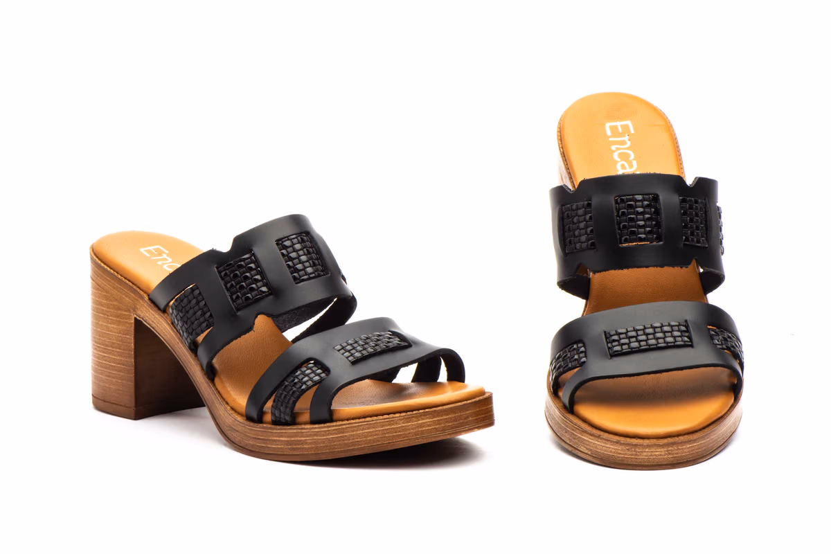 Sandalias Mujer Piel Negro Tacón