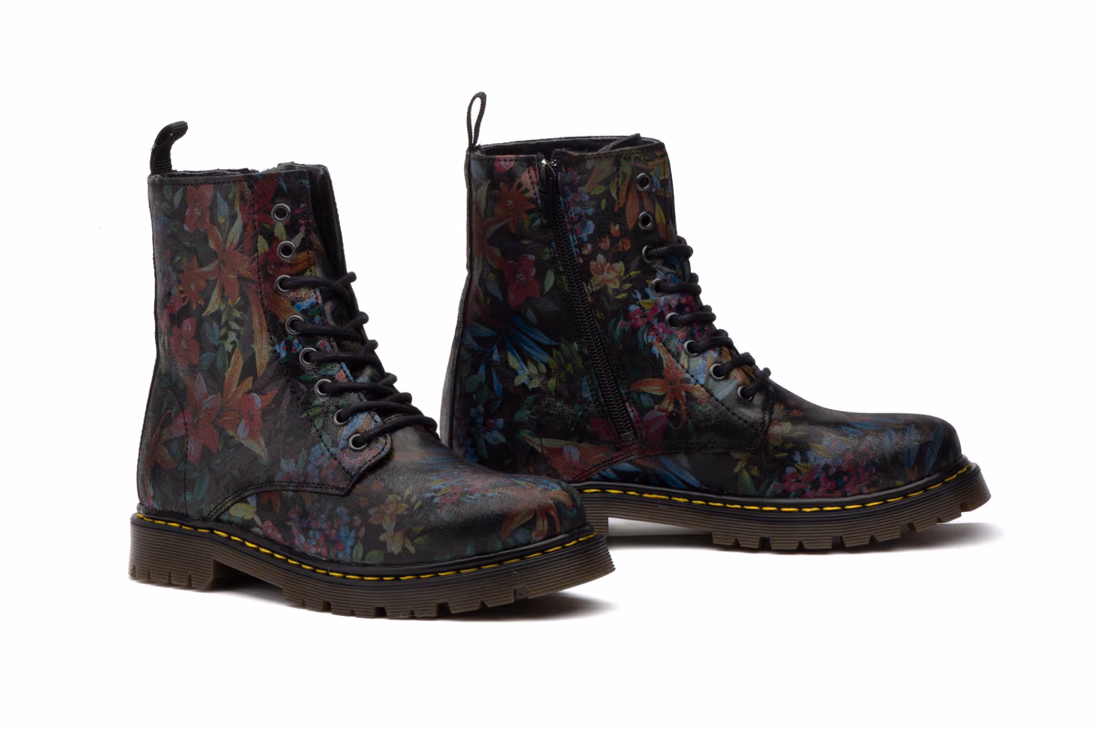 Bota Mujer Piel Flores Negro