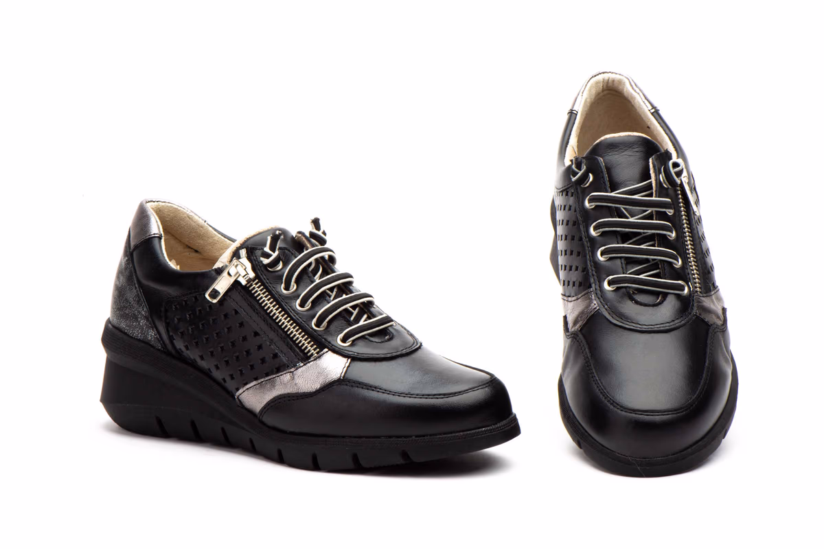 Deportivos Mujer Piel Negro Plata