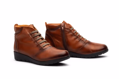 Botín Mujer Piel Cuero Cordones Elásticos Cremallera Cuña