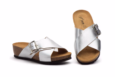 Zuecos Mujer Piel Plata Hebilla