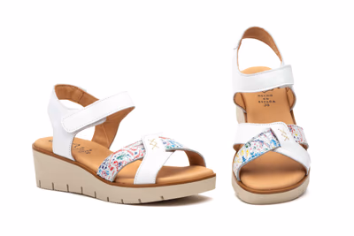 Sandalias Mujer Piel Blanco Tiras Adhesiva Cuña Gel