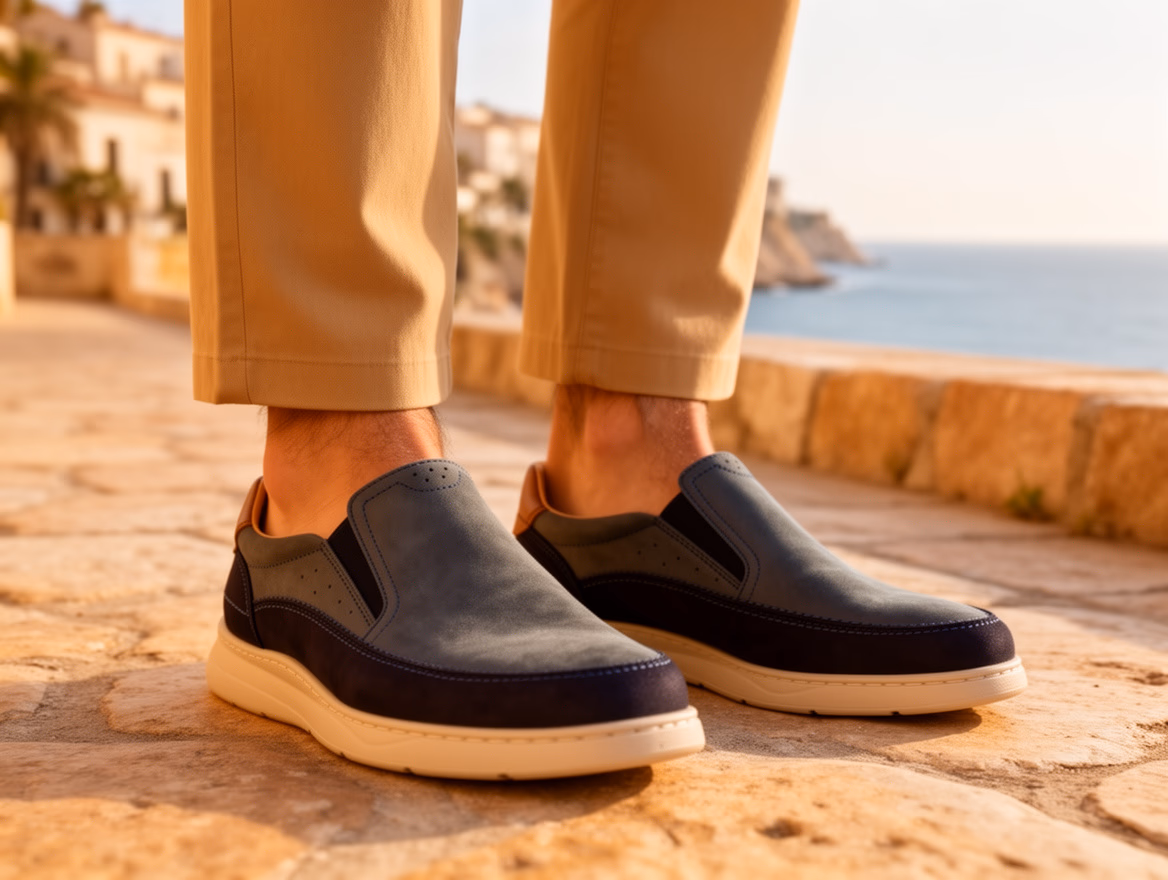 Men's Casual Navy Nubuck Leather Shoes with Elastic Nautic Blue ref. R83-2625 - 8
