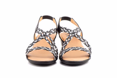 Sandalias Mujer Trenzado Piel Metalizado Negro Elástico Cuña - 6