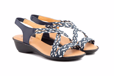 Sandalias Mujer Trenzado Piel Metalizado Marino Elástico Cuña - 2
